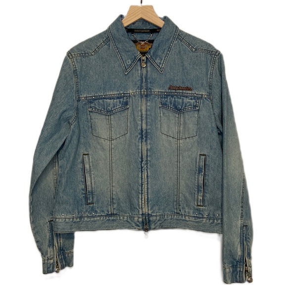 Vintage Harley-Davidson XL Women’s Jean Jacket Leather Back Panel Biker Moto - Picture 2 of 9